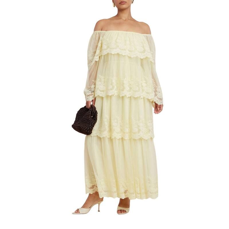 エロクイ レディース トップス ワンピース ティアード プラスサイズ レース マキシ ELOQUII Womens Plusize Tiered Lace Maxi Dress Transparent Yellow イエロー