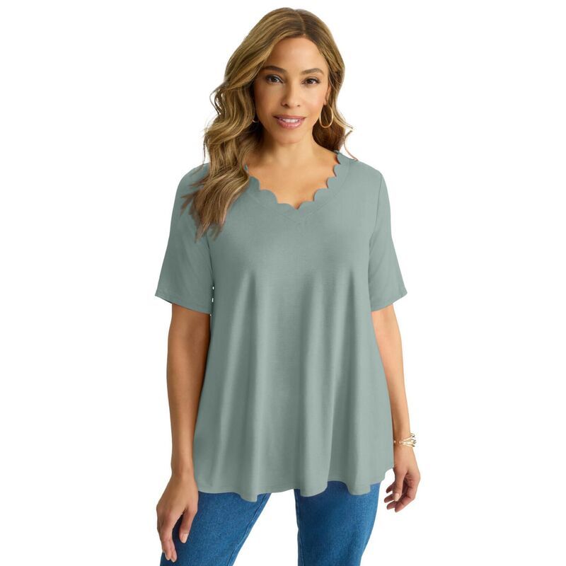 ジェシカロンドン レディース トップス Tシャツ Vネック プラスサイズ Jessica London Womens Plusize Scalloped VNeck Tunic Grey Spruce グレー