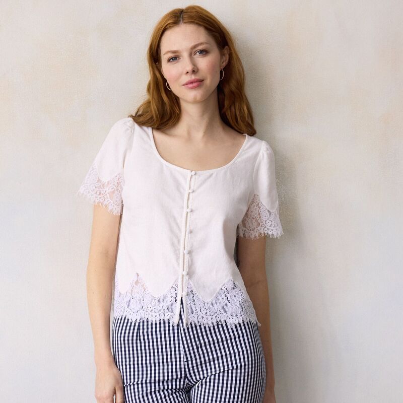 LC Lauren Conrad レディース トップス シャツ レーストリム レース Womens LC Lauren Conrad Short Sleeve Lace Trim Top Stone White ホワイト