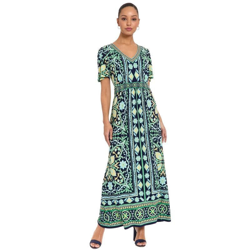 ロンドンタイムス レディース トップス ワンピース Vネック マキシ Womens London Times VNeck Flutter Sleeve Maxi Dress Navy Green ネイビー