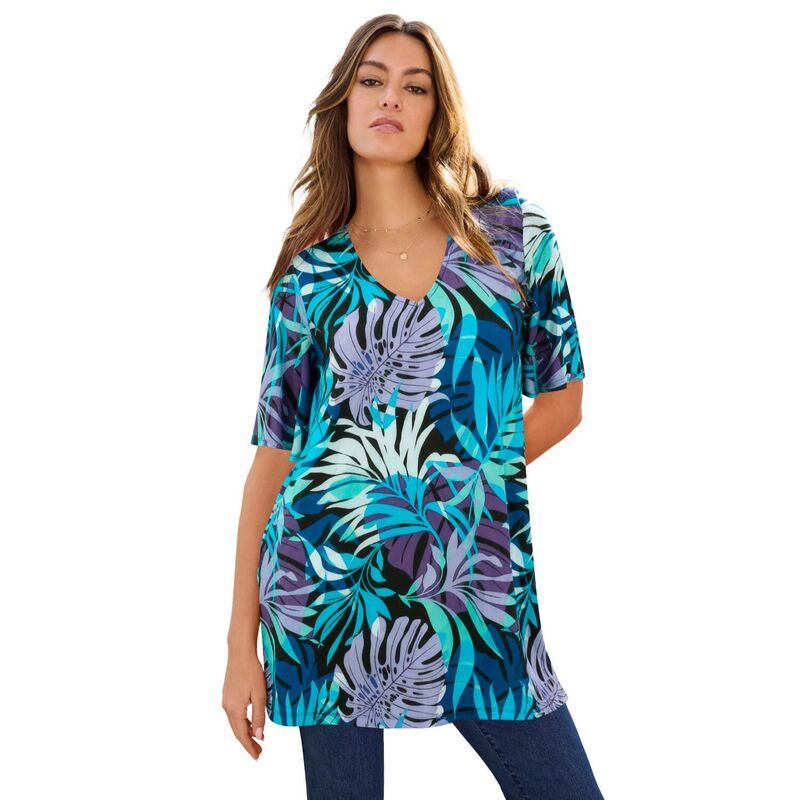 ロアマンズ レディース トップス Tシャツ プラスサイズ Roamans Womens Plusize Henley Tunic Deep Turquoise Tossed ターコイズ