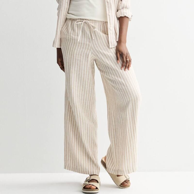 ソノマ レディース ボトムス カジュアルパンツ プチ リネン Petite Sonoma Goods For Life Mid Rise Linen Blend Pants Khaki Tan Stripe カーキ