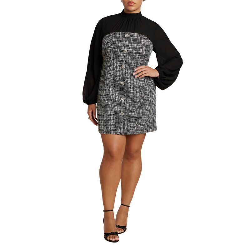 エロクイ レディース トップス ワンピース プラスサイズ ミニ ツイード ELOQUII Womens Plusize Tweed Twofer Mini Dress Black White ホワイト