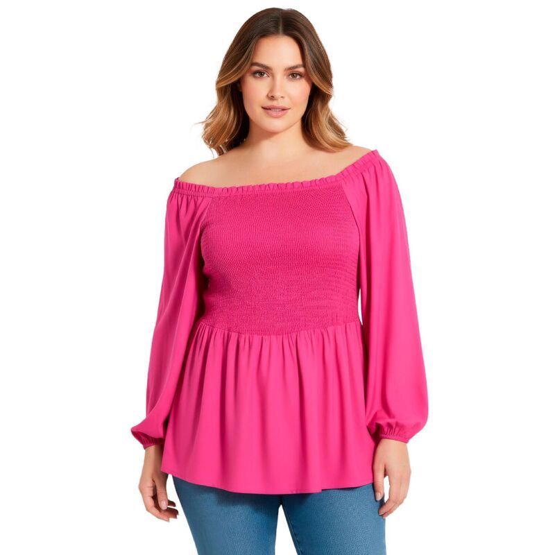 アベニュー レディース トップス シャツ プラスサイズ ブラウス Avenue Womens Plusize Smocking Blouson Sleeve Blouse Raspberry