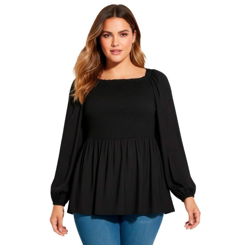 アベニュー レディース トップス シャツ プラスサイズ ブラウス Avenue Womens Plusize Smocking Blouson Sleeve Blouse Black ブラック