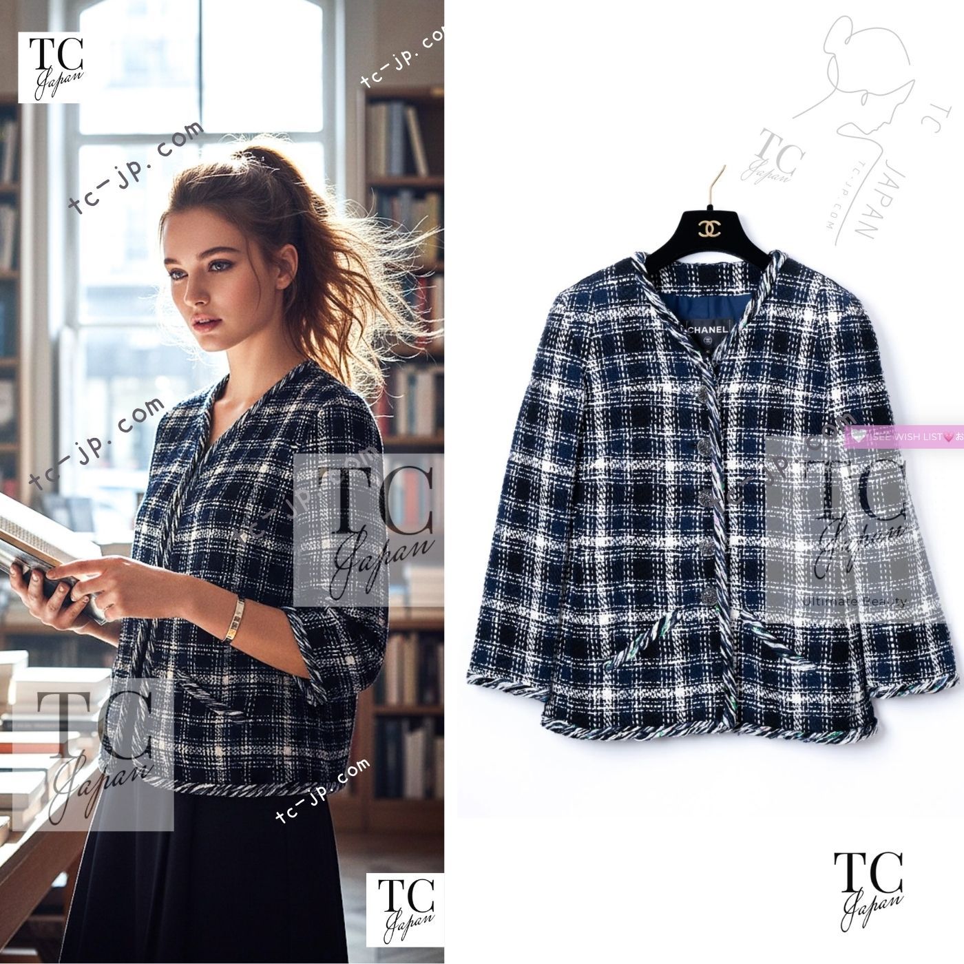 シャネル ジャケット CHANEL ネイビー ブルー アイボリー チェック コットン ノーカラー ツイード カール・ラガーフェルド 超美品 36 38