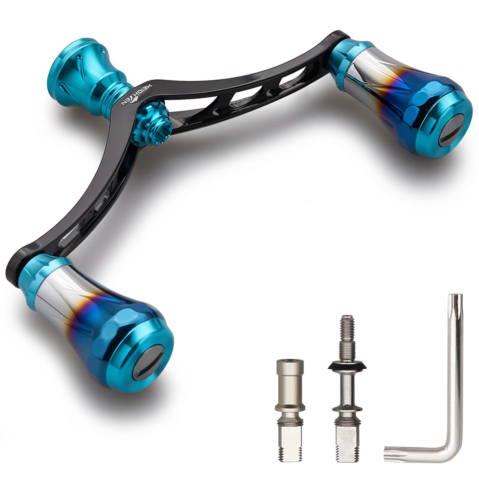 HEIGHTEN V4.0 80/98mm リール ハンドル 航空アルミ製 シマノ ダイワ 通用 スピニングリール 用 Arch Aurora (ターコイズ(ノブ)&ブラック(ハンドル), V4.0-98mm) (HT00803)