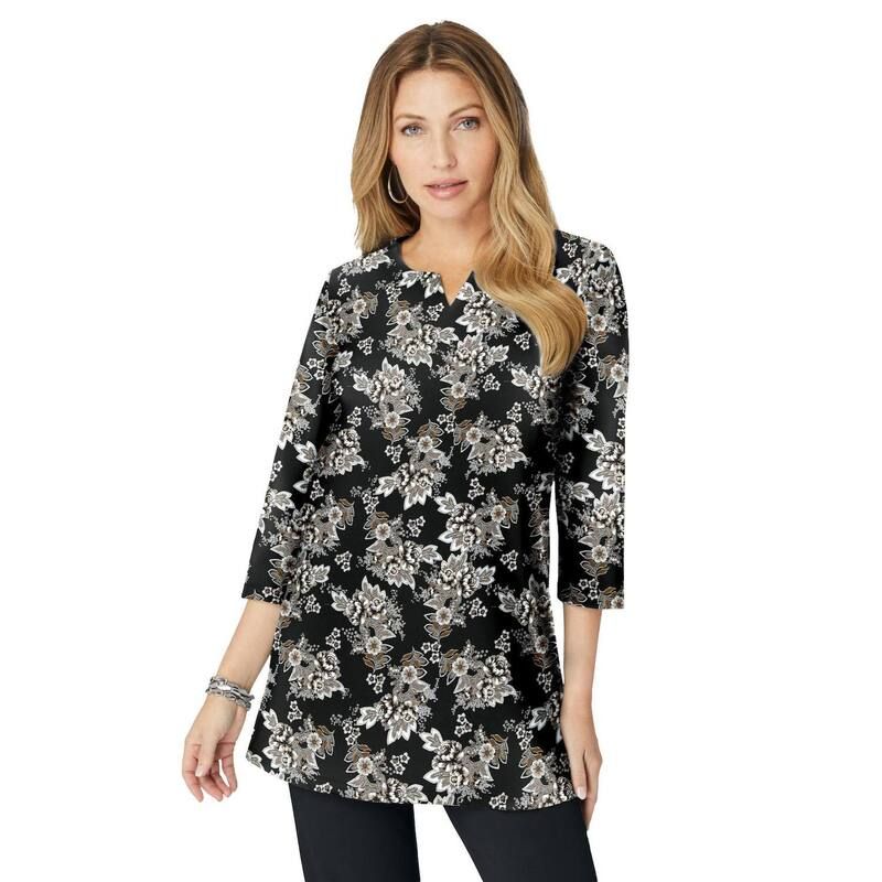 ロアマンズ レディース トップス Tシャツ プラスサイズ ニット Roamans Womens Plusize ThreeQuarter Sleeve Notch Neck Soft Knitunic Black Rose Floral ブラック