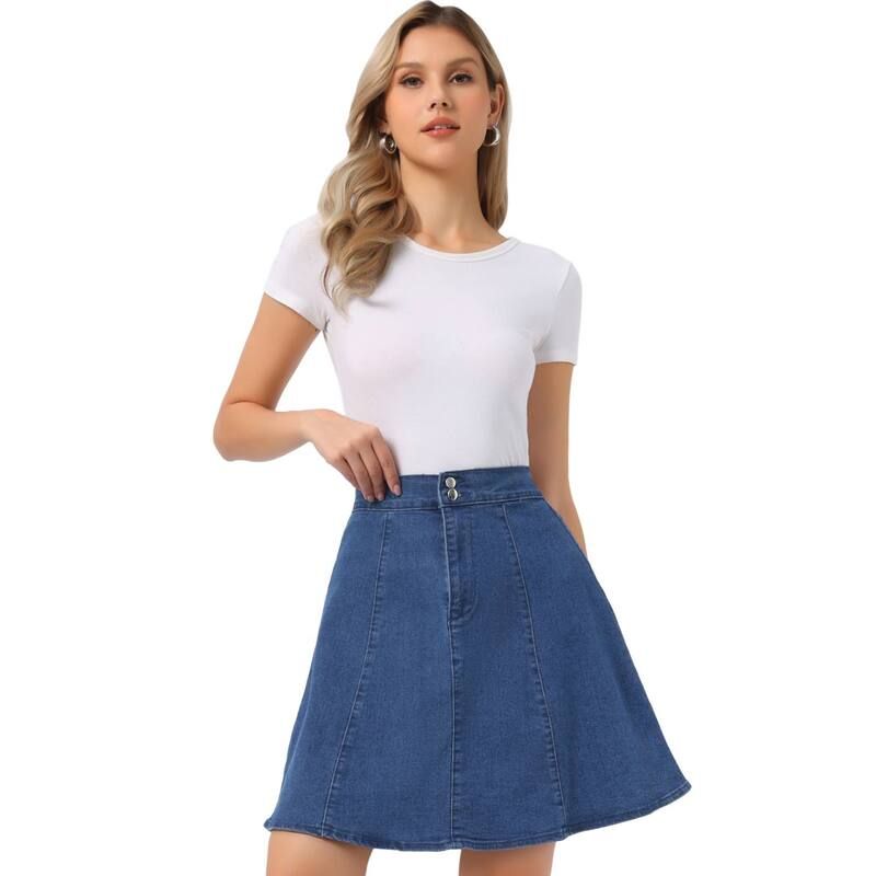 アレグラ ケー レディース ボトムスカート A ライン ハイウエスト プリーツ ミディ デニム ALLEGRA K Womens Casual High Waist ALine Flared Pleated Midi Denim Skirt Denim Blu