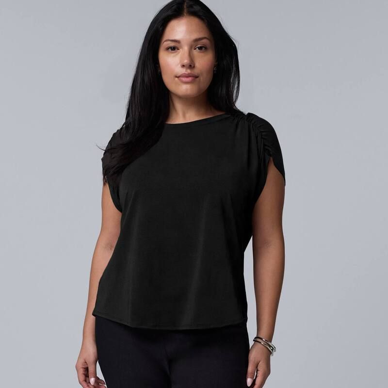 ヴェラウォン レディース トップス Tシャツ プラスサイズ ギャザー Plusize Simply Vera Wang Ruched Shoulder Tee Black ブラック