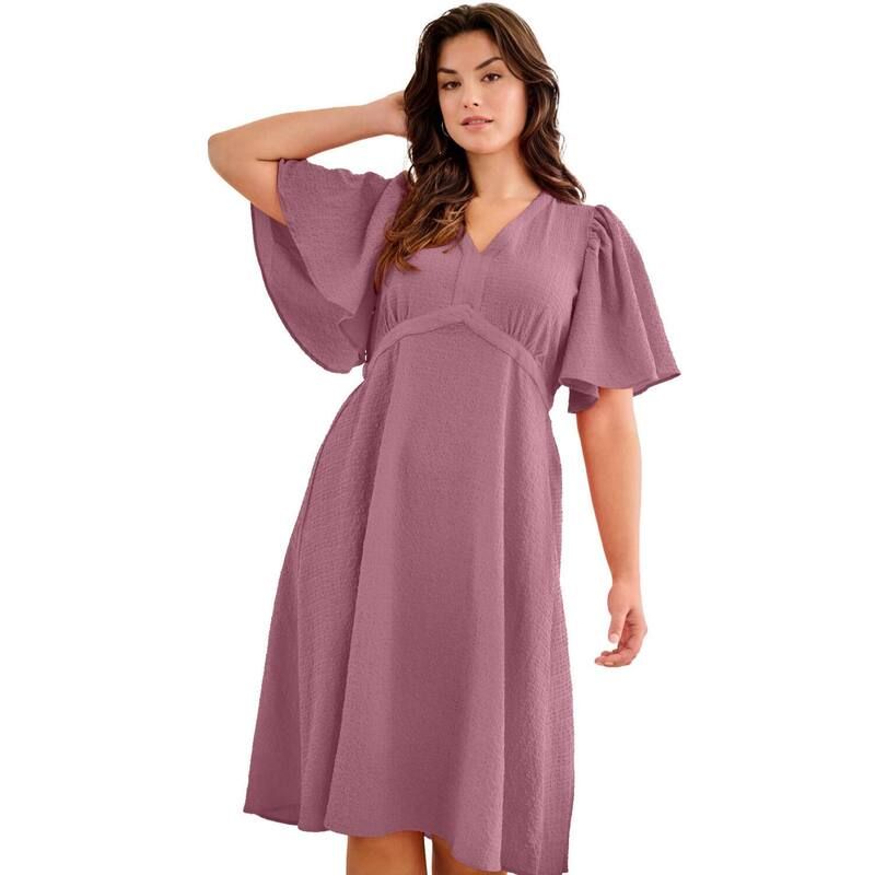 Ellos レディース トップス ワンピース Vネック プラスサイズ ミディ Ellos Plusize VNeck Fit And Flare Tie Back Midi Dress Berry Mauve