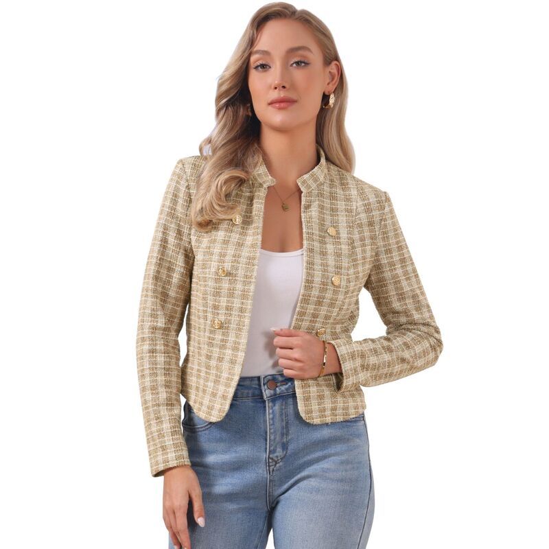 アレグラ ケー レディース アウター ジャケット・ブルゾン ツイード ブレザー ALLEGRA K Womens Elegant Plaid Tweed Blazer Jacket Khaki カーキ