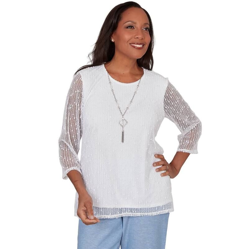 アルフレッド ダナー レディース トップス Tシャツ プチ メッシュ レース Petite Alfredunner Popcorn Mesh Solid Top with Necklace White ホワイト