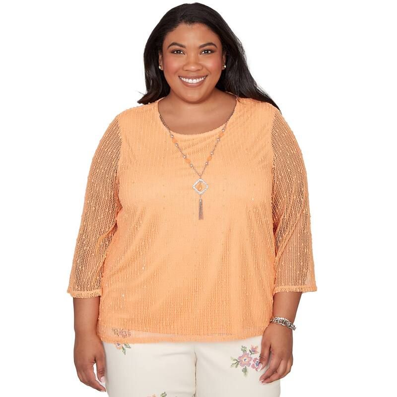 アルフレッド ダナー レディース トップス シャツ プラスサイズ メッシュ レース Plusize Alfredunner Bright Popcorn Mesh Top with Necklace Apricot アプリコット