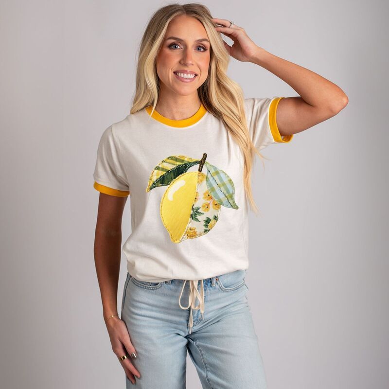 Simply Sage Market レディース トップス Tシャツ パッチワーク グラフィック Simply Sage Market Lemon Faux Patchwork Womens Ringer Graphic TShirt Vintage Must