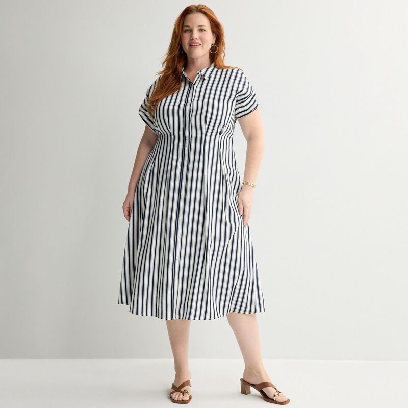 ナインウェスト レディース トップス ワンピース ウエストマーク プラスサイズ ミディ シャツ Plusize Nine West Cinched Waist Midi Shirt Dress Navy Kora Stripe ネイビー