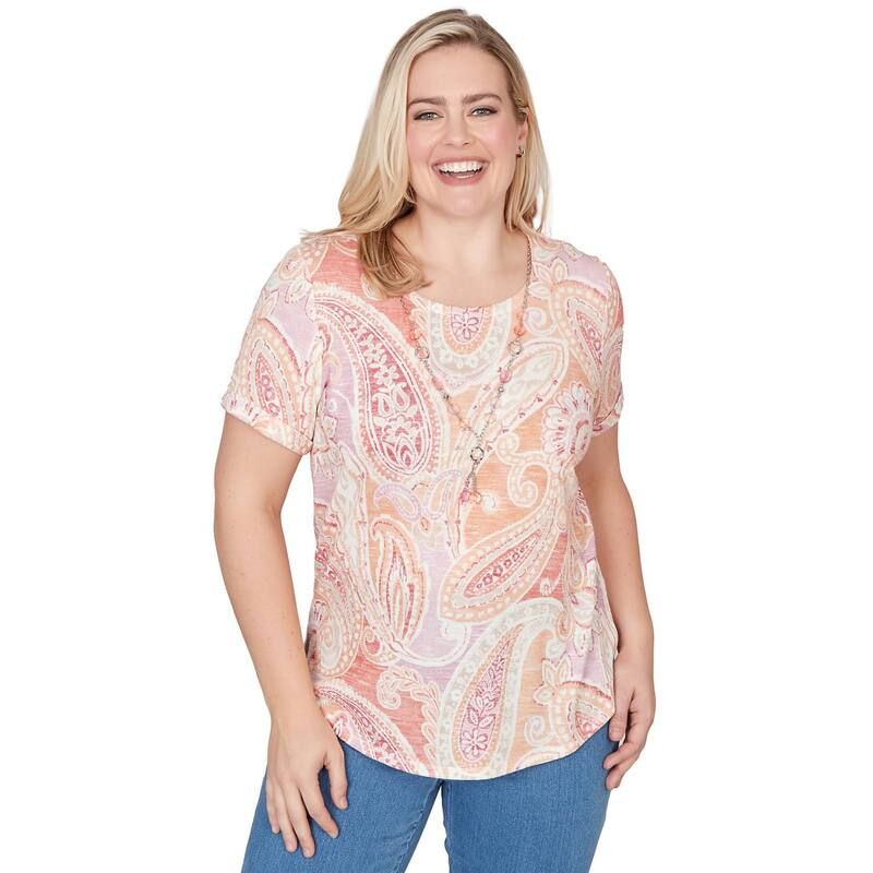 アルフレッド ダナー レディース トップス Tシャツ レース Womens Alfredunner Paisley Short Sleeve Tee with Necklace Apricot アプリコット
