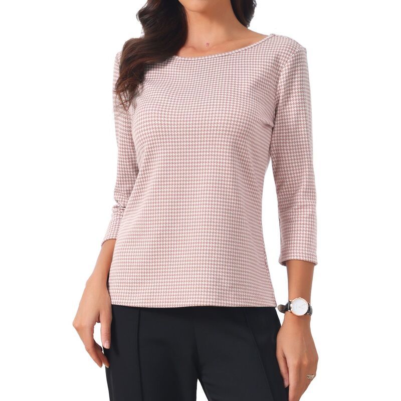 アレグラ ケー レディース トップス シャツ プリント ブラウス ALLEGRA K Womens Work Office 34 Sleeve Boat Neck Houndstooth Printed Top Blouse Light Pink ピンク 9,086円