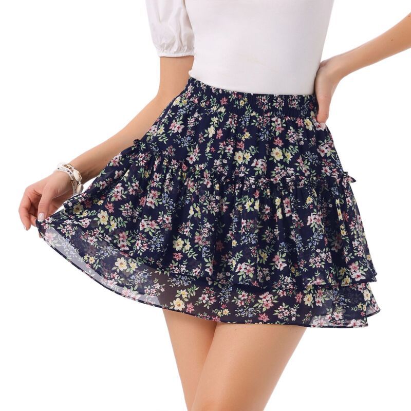アレグラ ケー レディース ボトムスカート A ライン ハイウエスト フラワー柄 ミニ フラワー ALLEGRA K Womens Floral Elastic High Waist ALine Mini Short Skirts Dark Blue Red