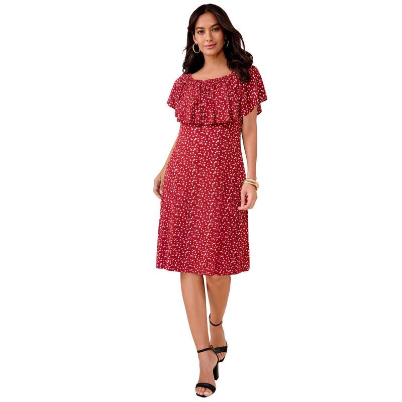 ロアマンズ レディース トップス ワンピース プラスサイズ ニット Roamans Womens Plusize Stretch Knit Convertible Flounce Dress Classic Red Buttercup レッド