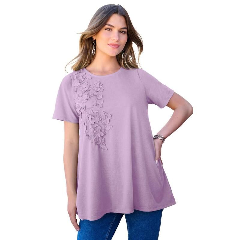 ロアマンズ レディース トップス Tシャツ プラスサイズ Roamans Womens Plusize 3D Appliqued Swing Tee Pale Lavender ラベンダー