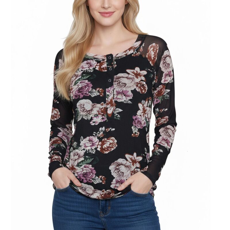 ニューヨークコレクション レディース トップス Tシャツ メッシュ NY Collection Long Raglan Sleeve Mesh Top Black Blush Floral ブラック