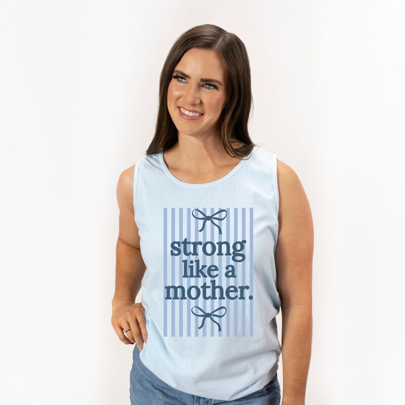 Simply Sage Market レディース トップス Tシャツ グラフィック Simply Sage Market Blue Strong Like A Mother Womens Garment Dyed Graphic Tank Top Chambr