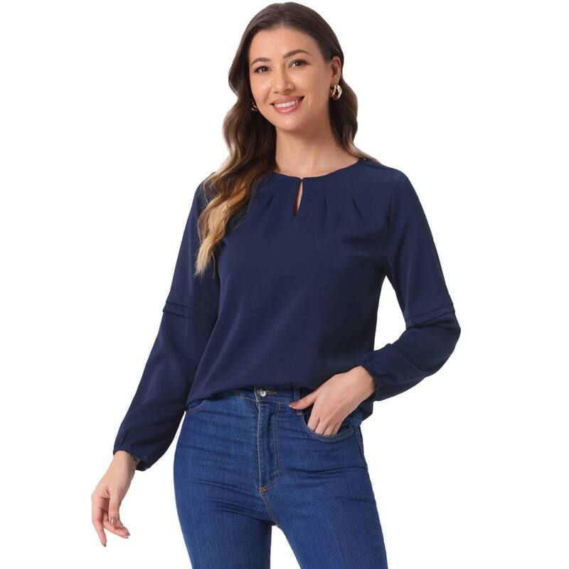 アレグラ ケー レディース トップス シャツ シフォン ブラウス ALLEGRA K Womens Work Tops Chiffon Shirt Long Sleeve Keyhole Neck Elegant Blouse Dark Blue ブルー