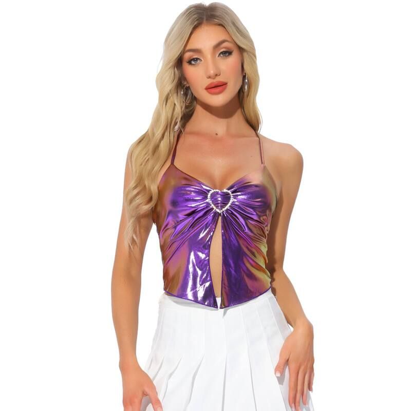 アレグラ ケー レディース トップス Tシャツ トール ノースリーブ ホルター ALLEGRA K Metallic Sleeveless Top for Women Spaghetti Straps Halter Neck Clubwear Cami Top
