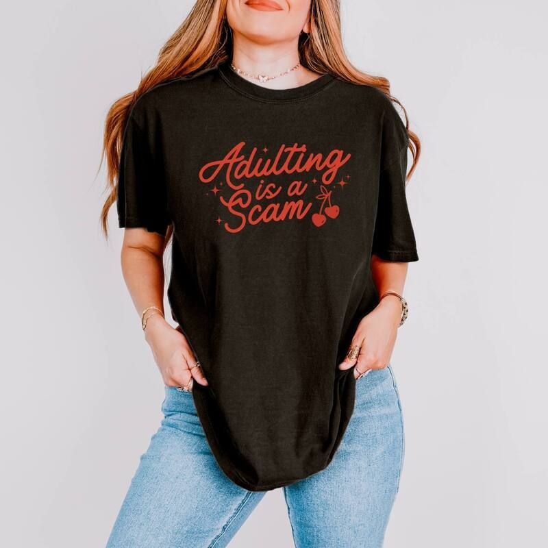 Simply Sage Market レディース トップス Tシャツ グラフィック Simply Sage Market Adulting Is A Scam Cherries Womens Garment Dyed Graphic TShirt Black