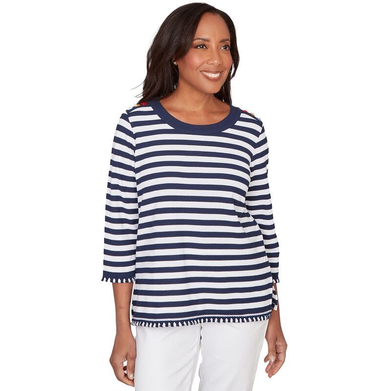 アルフレッド ダナー レディース トップス Tシャツ Womens Alfredunner Pique Stripe ButtonDetail Top Navy And White ホワイト
