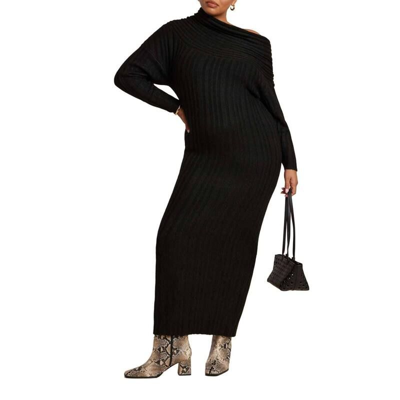 エロクイ レディース トップス ワンピース プラスサイズ セーター ELOQUII Womens Plusize High Collar Sweater Dress Black Onyx ブラック