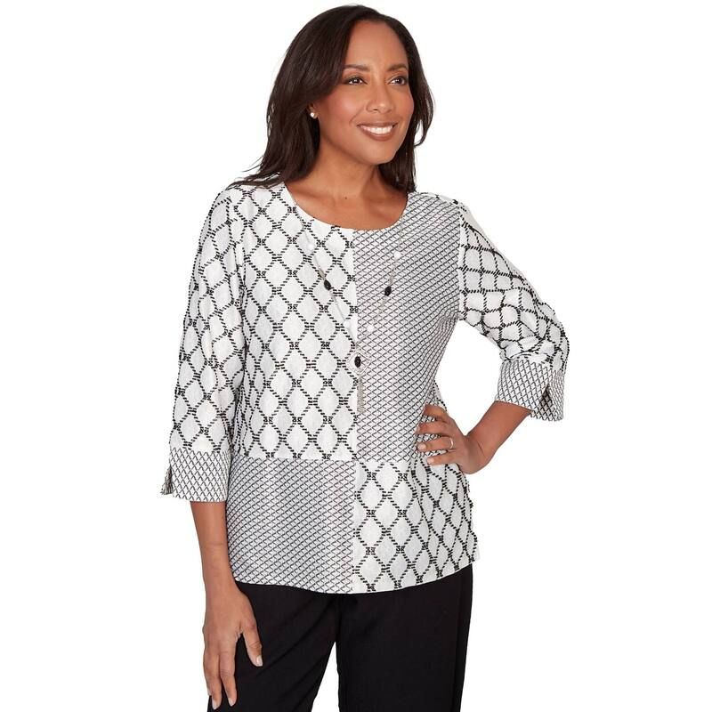 アルフレッド ダナー レディース トップス シャツ レース Womens Alfredunner Splicediamond Textured Top with Necklace Black And White ホワイト