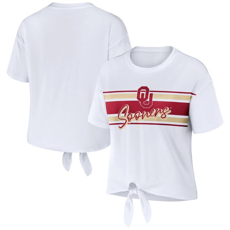 ウェア バイ エリン アンドルーズ レディース トップス Tシャツ クロップド Womens WEAR by Erin Andrews White Oklahoma Soonerstriped Front Knot Cropped TShirt Okl Whi