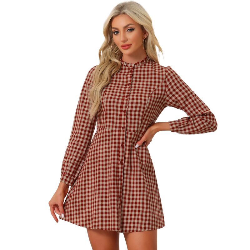 アレグラ ケー レディース トップス ワンピース ヴィンテージ ボタンダウン A ライン フリル ダウン ALLEGRA K Womens Vintage Check Ruffle Neck Button Down Long Sleeve ALine Dres