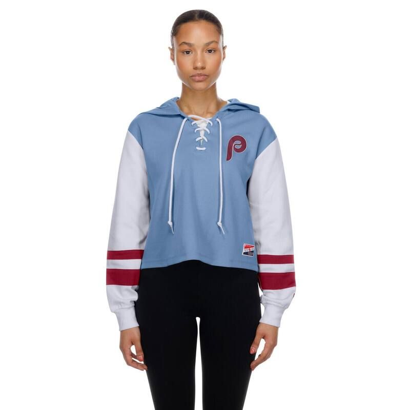 ニューエラ レディース トップス Tシャツ レース パーカー Womens New Era Light Blue Philadelphia Phillies Boxy LaceUp Hoodie Phlight ブルー