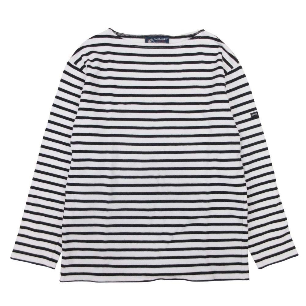 美品 SAINT JAMES セントジェームス ボーダー バスクシャツ Tシャツ カットソー トップス ヘビーコットン ボートネック 長袖 M 白 黒 メンズ 古着 中古 USED