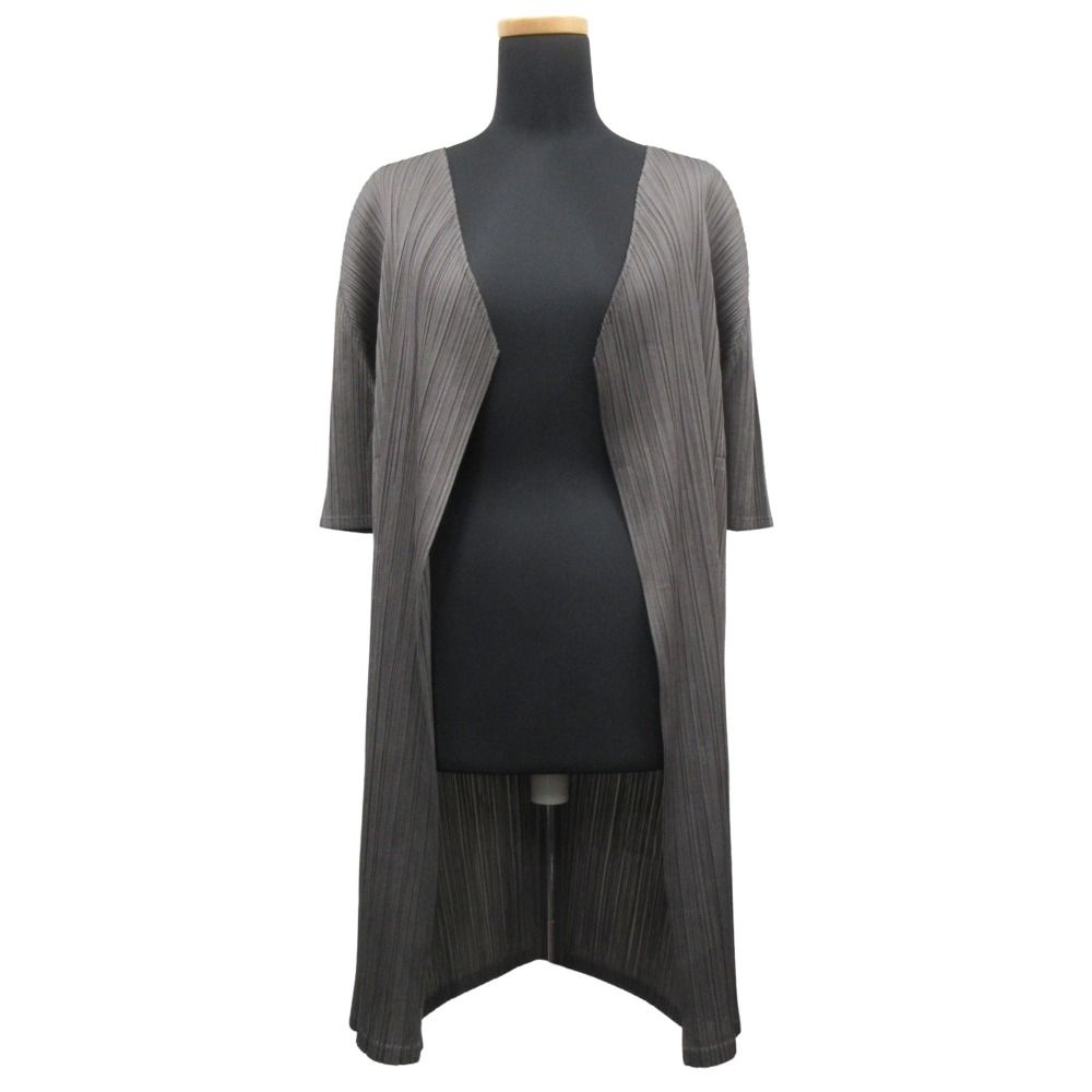 美品 PLEATS PLEASE プリーツプリーズ 19ss イッセイミヤケ プリーツ セミロング カーディガン ジャケット 七分丈 サイズ3 グレー レディース 古着 中古 USED