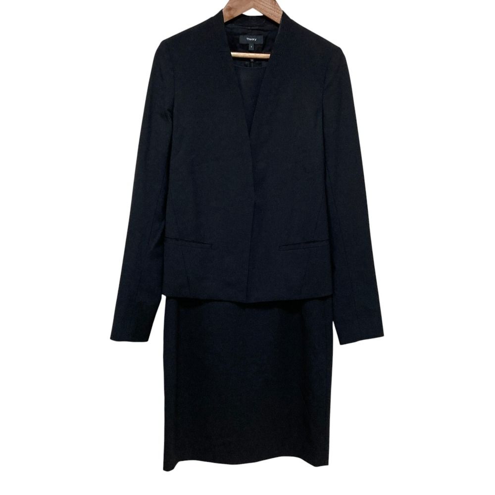 美品 Theory セオリー CONT WOOL ノースリーブ ワンピース ノーカラー ジャケット セットアップ スーツ サイズ0 ブラック レディース 古着 中古 USED