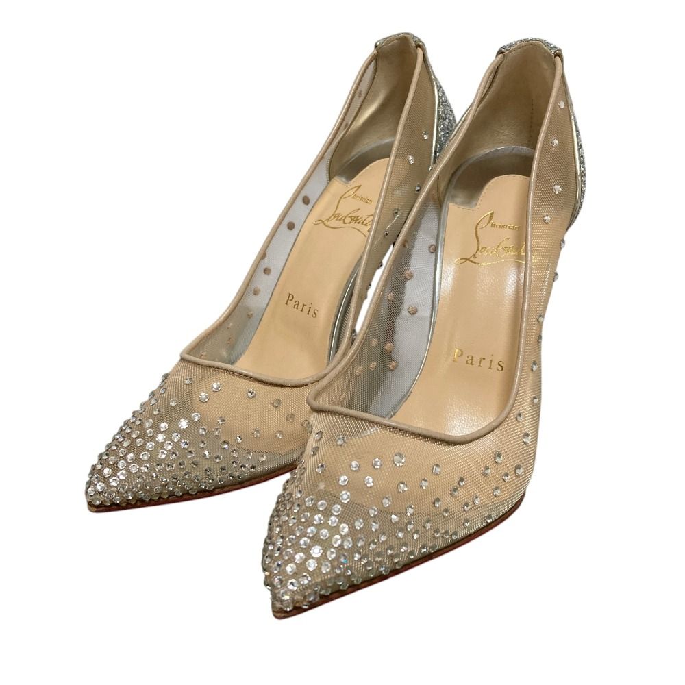 良品 Christian Louboutin クリスチャンルブタン ラインストーン メッシュ パンプス サイズ37 約24cm ベージュ レディース 古着 中古 USED
