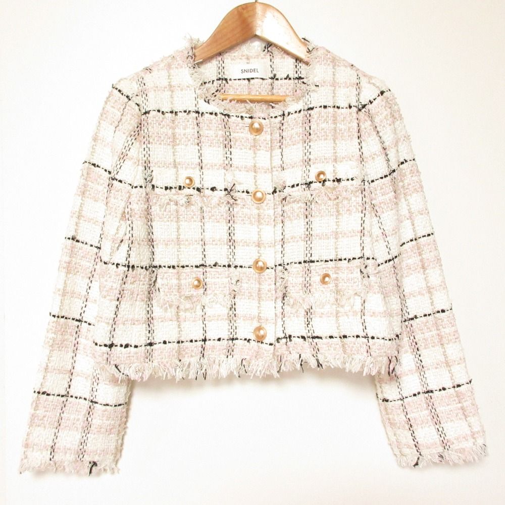 美品 25SS SNIDEL スナイデル ツイード ノーカラージャケット サイズ0 ピンク レディース 古着 中古 USED
