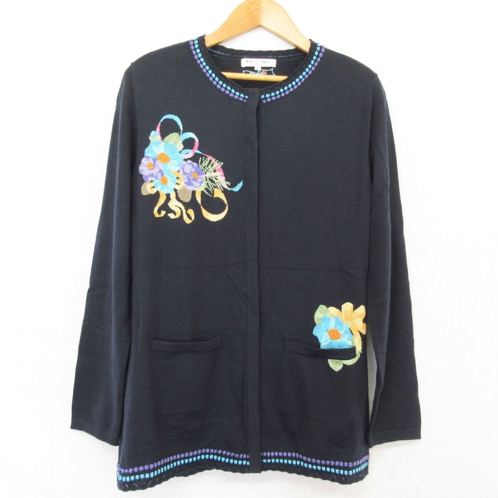 美品 LEONARD SPORT レオナールスポーツ フラワー刺繍 ビーズ装飾 クルーネック ニットカーディガン サイズ40 ネイビー レディース 古着 中古 USED