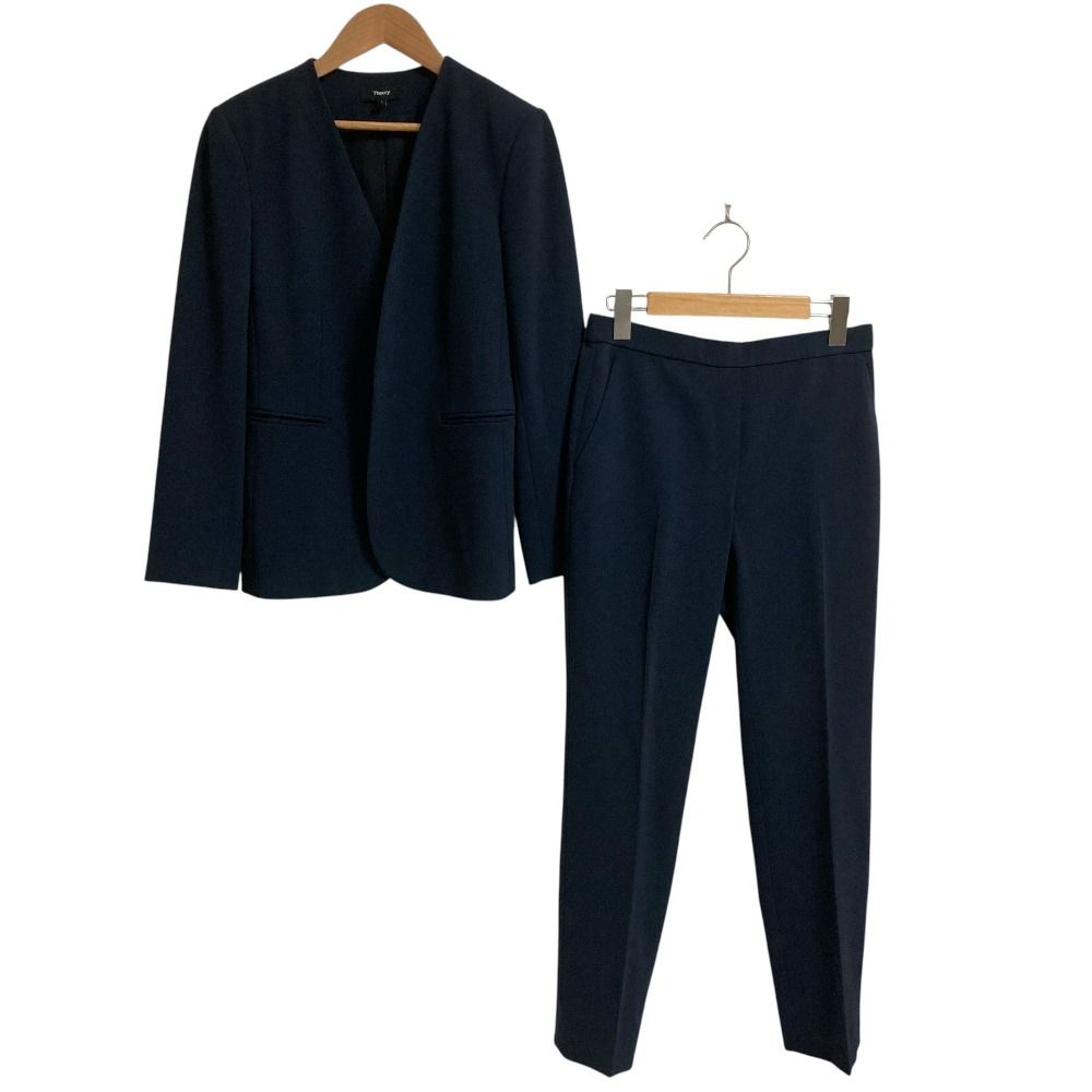 良品 23AW Theory セオリー Admiral Crepe ノーカラージャケット スリムパンツ スーツ セットアップ サイズ2 ネイビー レディース 古着 中古 USED
