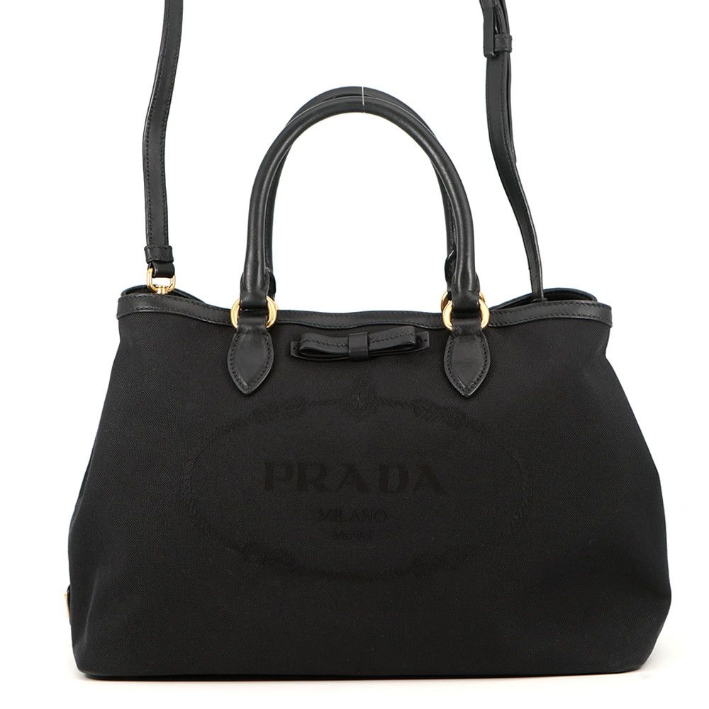 プラダ ハンドバッグ ロゴ ジャガード キャンバス 1BA579 PRADA ２wayショルダー 黒