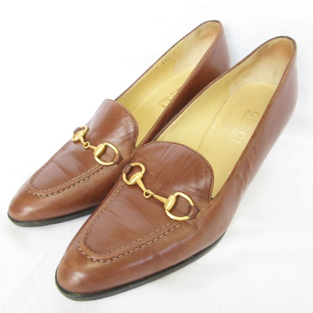 良品 GUCCI グッチ ホースビット レザー ヒール ローファー パンプス シューズ 37 1/2 24.5cm相当 ブラウン レディース 古着 中古 USED