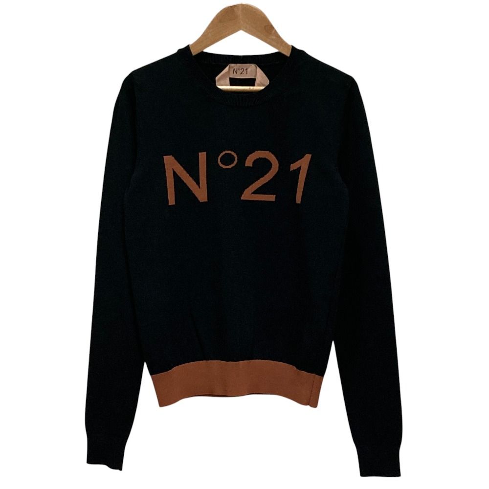 美品 N21 ヌメロヴェントゥーノ クルーネック ロゴニット カットソー セーター 42 ブラック レディース 古着 中古 USED