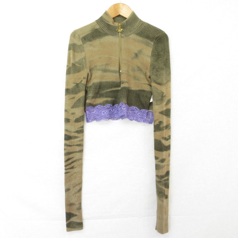 美品 DIESEL ディーゼル M-ARTHA タイダイ レースヘム ハーフジップ クロップド リブニット カットソー Sサイズ カーキ レディース 古着 中古 USED