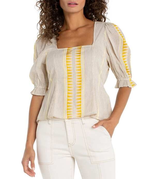 リヴァプール ロサンゼルス レディース トップス シャツ Liverpoolos Angelestripe Jacquard Square Neck Short Sleeve Top CreamBrown Stripe クリーム