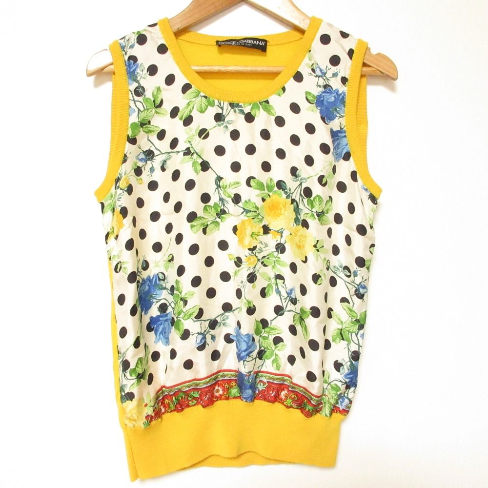 良品 DOLCE&GABBANA ドルチェ＆ガッバーナ ノースリーブ ドット フラワープリント シルク切替 ニット カットソー 40 イエロー レディース 古着 中古 USED