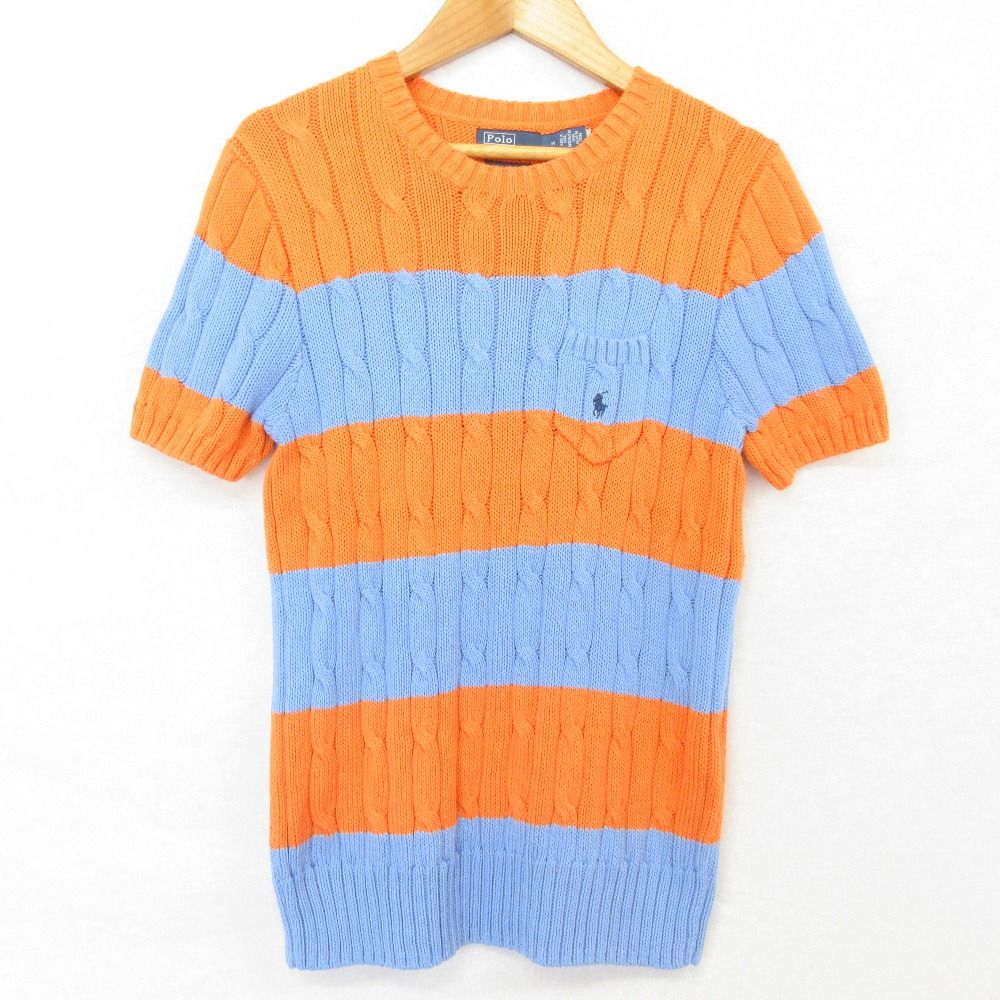 美品 POLO by RALPH LAUREN ポロバイラルフローレン ストライプド ケーブルニット ショートスリーブ セーター M オレンジ ブルー レディース 古着 中古 USED
